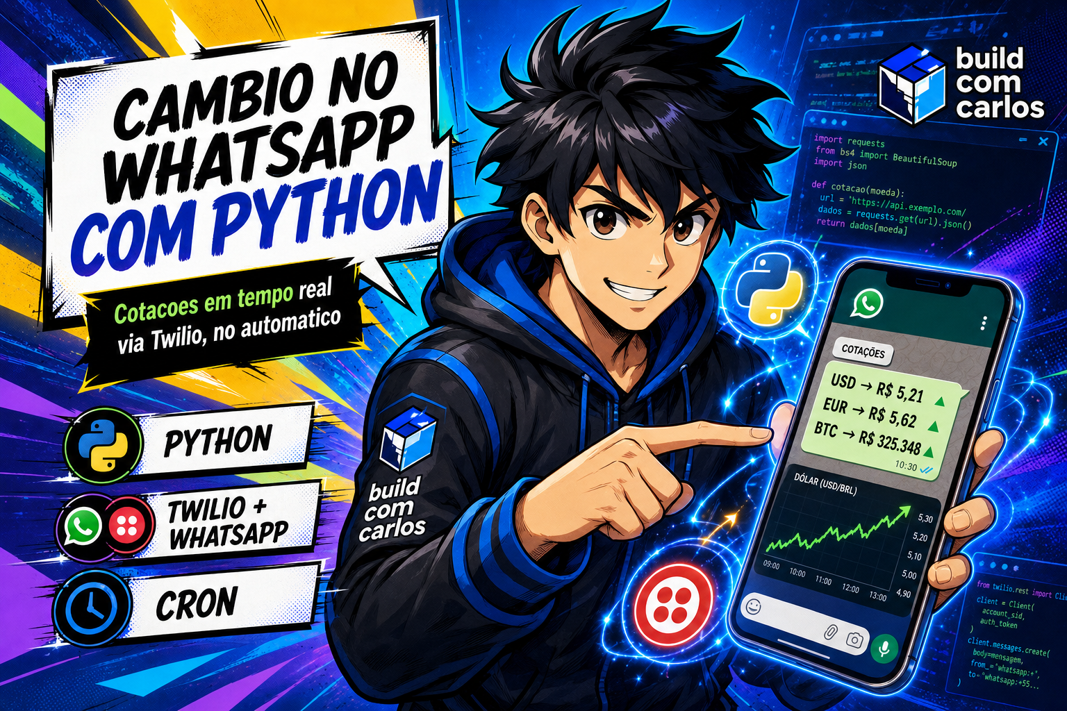 Anime illustration of the build com carlos character pointing at a phone showing currency rates on WhatsApp, an exchange chart, Python and Twilio.