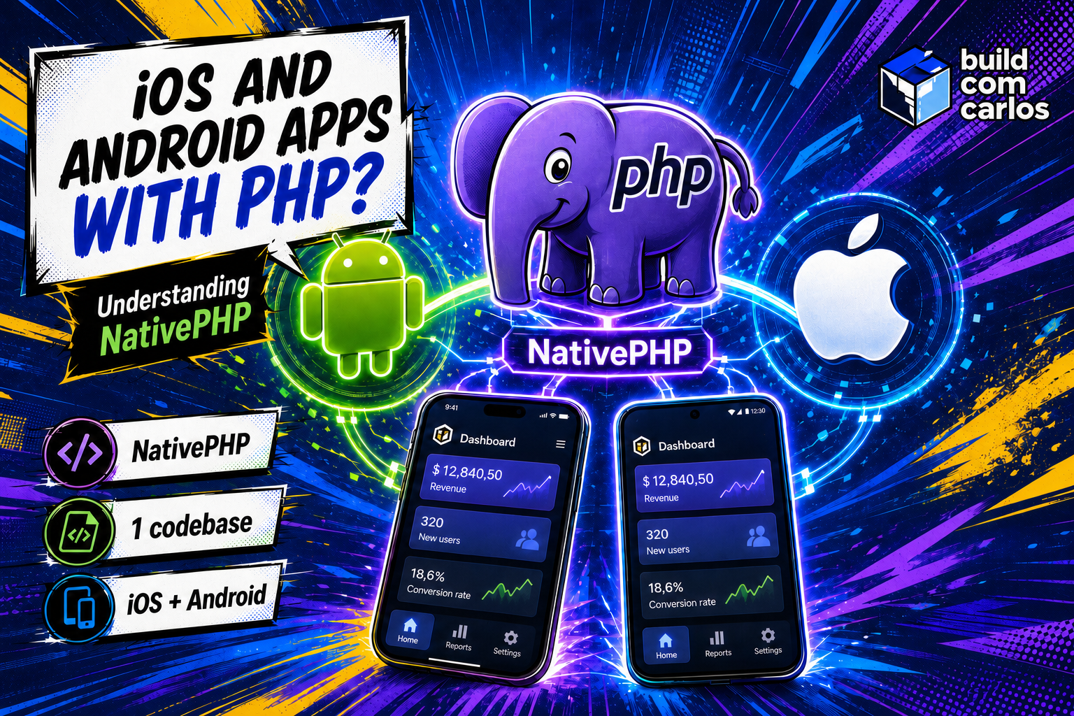 build com carlos style anime illustration: the PHP elephant mascot in the center, flanked by the Android robot and the iOS logo, linked by a NativePHP bridge, with two phones running the same app.