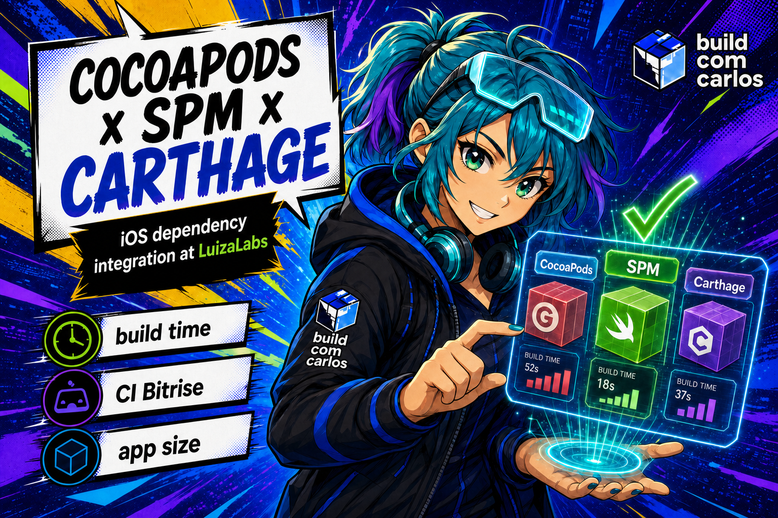 Anime illustration of the build com carlos series' tech girl comparing three boxes (CocoaPods, SPM, Carthage) on a holographic iOS dependency comparison panel.
