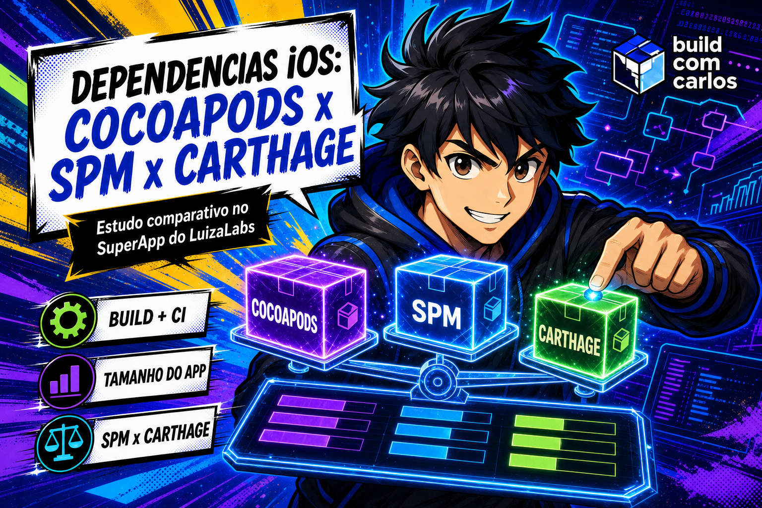 Anime illustration of the build com carlos character comparing three boxes (CocoaPods, SPM, Carthage) on a holographic iOS dependency comparison panel.