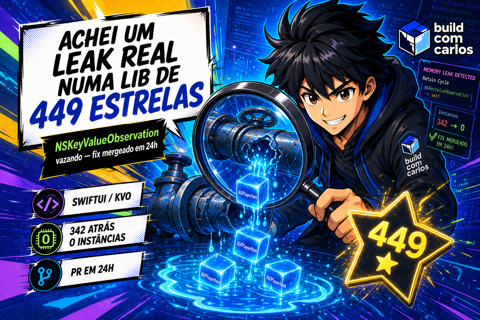 Anime illustration of the build com carlos character as a code detective, magnifier over a leaking pipe dripping AVPlayerItem instances, a 449-star badge.