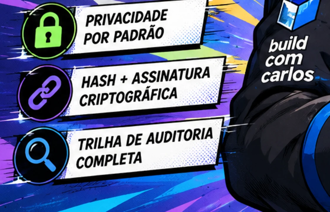 Recorte da arte de capa destacando privacidade por padrão, hash e assinatura criptográfica, e trilha de auditoria completa.