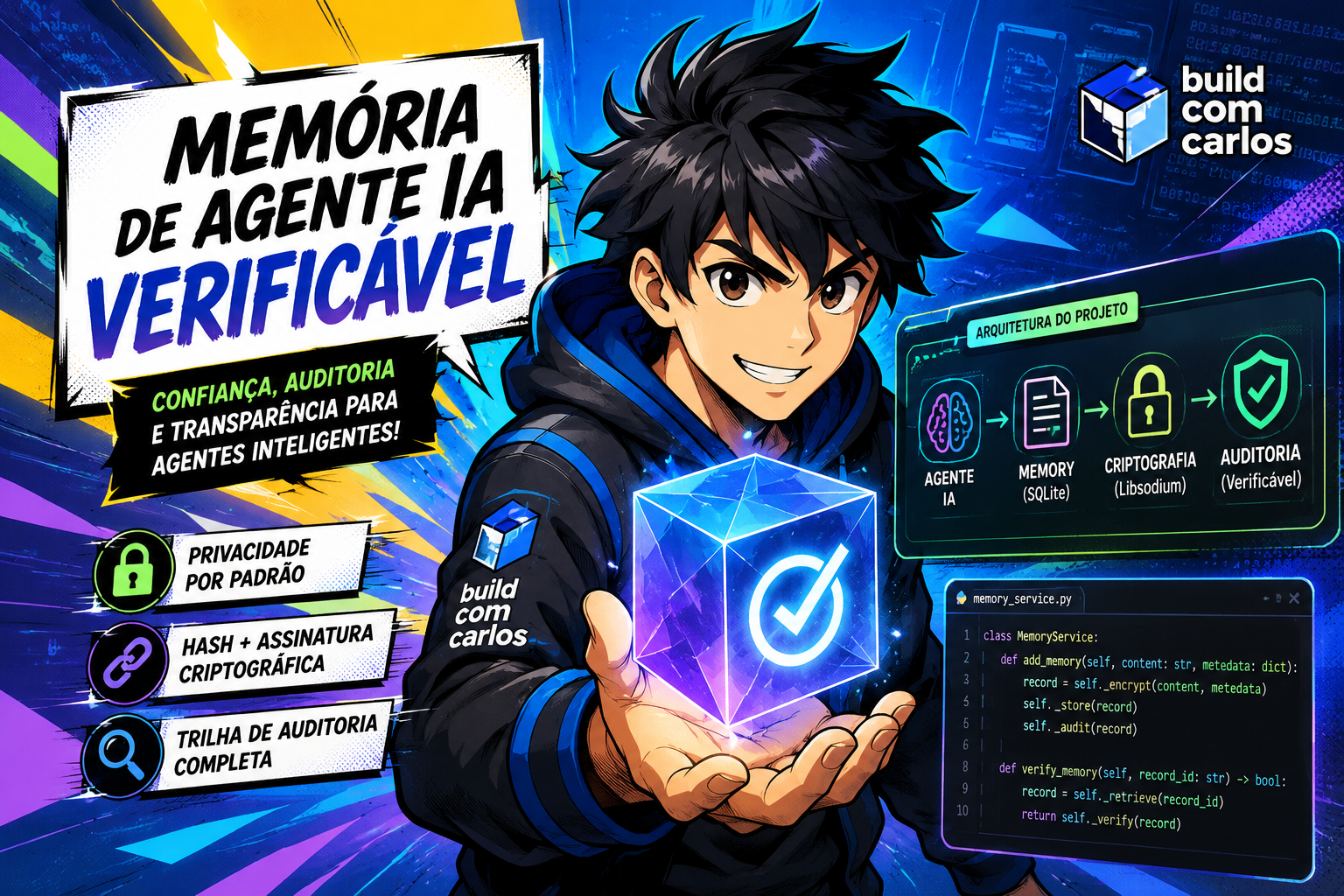 Anime-style illustration about verifiable AI agent memory, with a glowing cube, an audit trail and a project architecture panel.