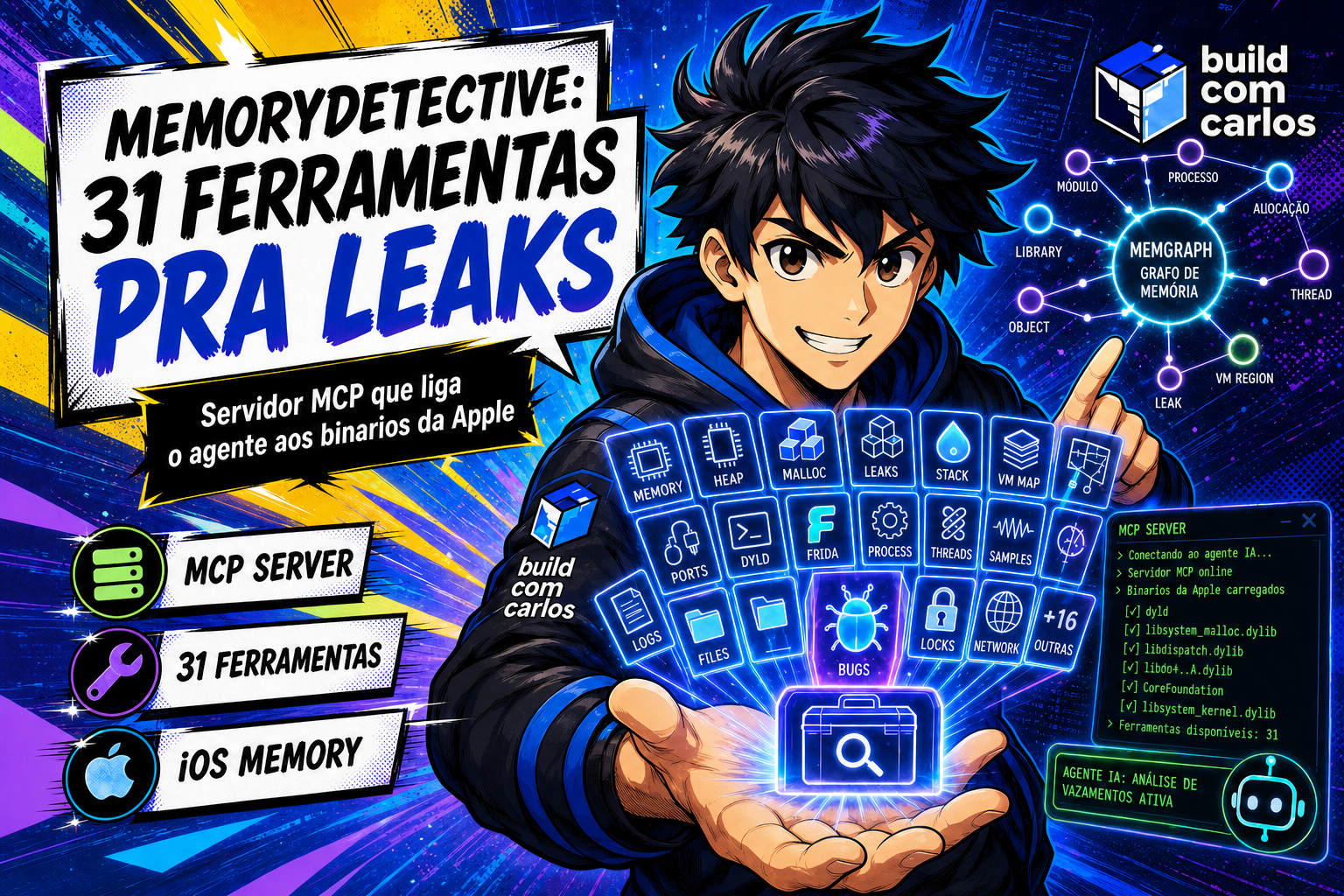 Anime illustration of the build com carlos character with a holographic debug toolkit and a memgraph diagram.