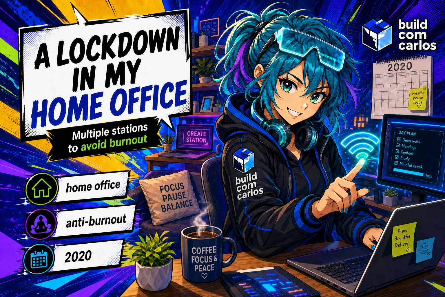 Anime illustration of the build com carlos series' tech girl in a cozy home office with several workstations, 2020 quarantine vibe.