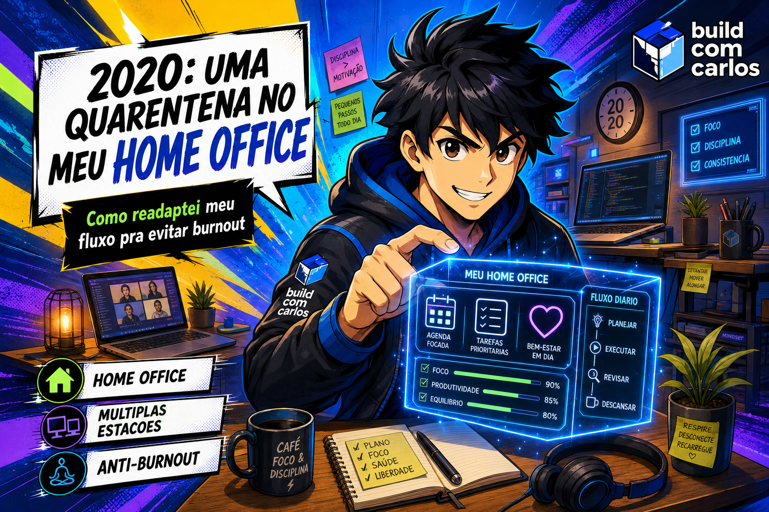 Anime illustration of the build com carlos character in a cozy home office with several workstations, 2020 quarantine vibe.