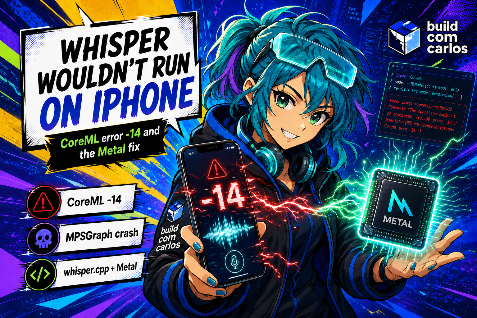 Anime illustration of the build com carlos series' tech girl holding an iPhone with a voice waveform, a CoreML -14 error and a Metal GPU chip.